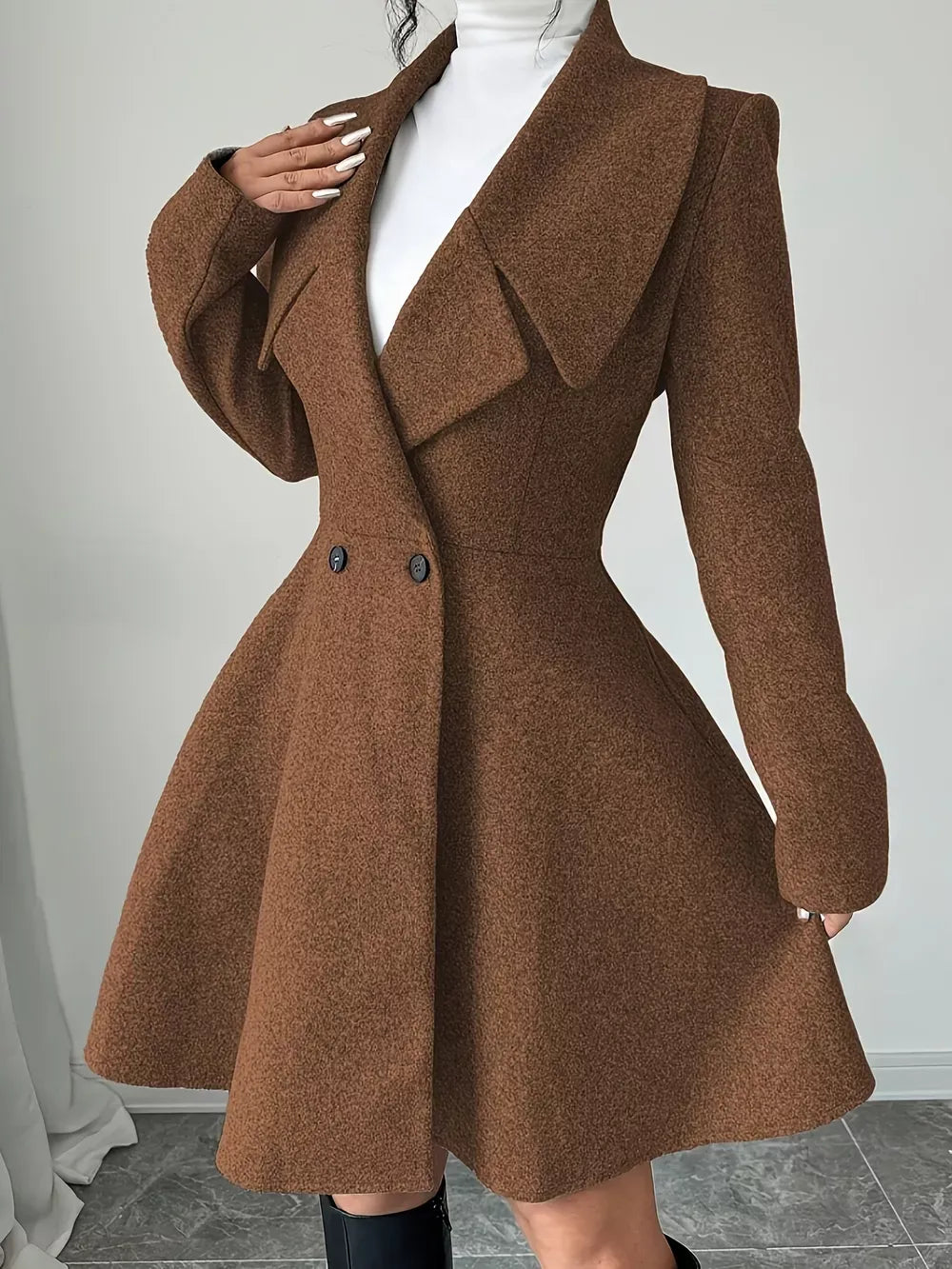 Double-breasted long sleeve outerwear jacket for women, featuring a classic tailored design and versatile style.