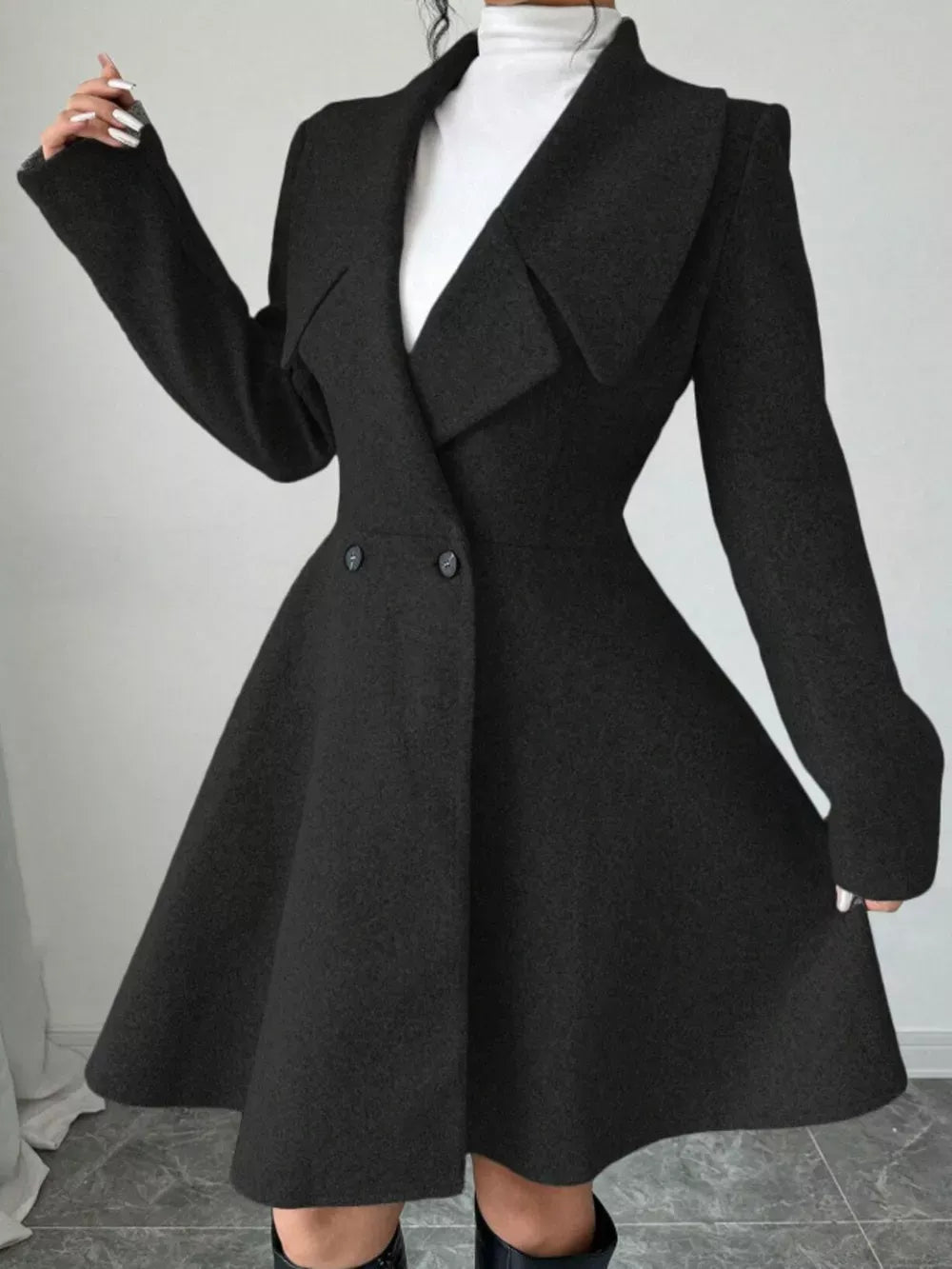 Double-breasted long sleeve outerwear jacket for women, featuring a classic tailored design and versatile style.