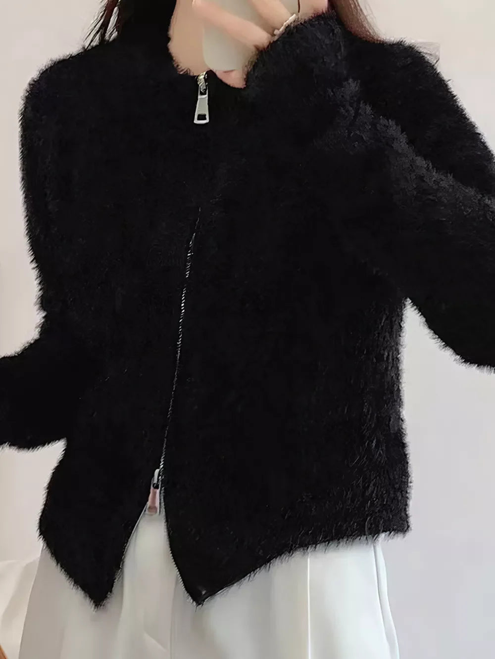 Women's fluffy knit zip-up outerwear cozy casual jacket