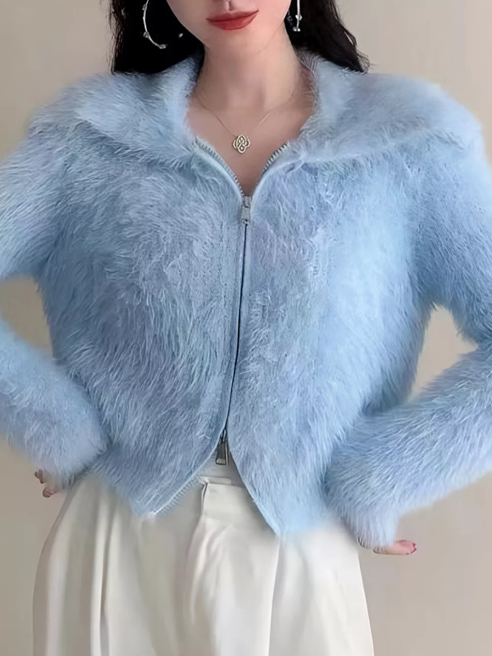 Women's fluffy knit zip-up outerwear cozy casual jacket