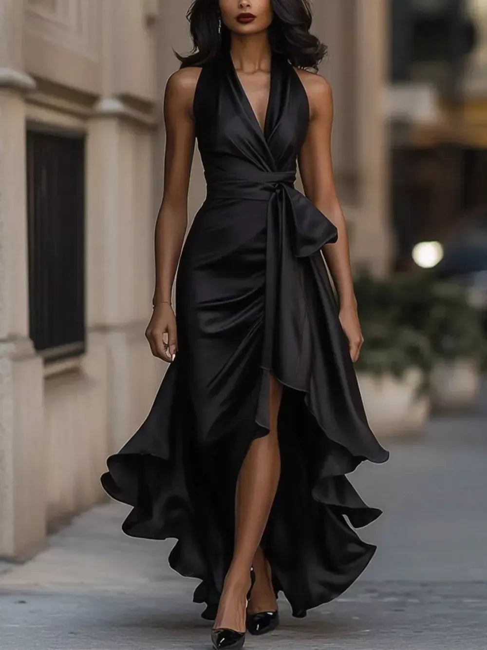 Full size plus size high-low ruffled satin maxi dress for women
