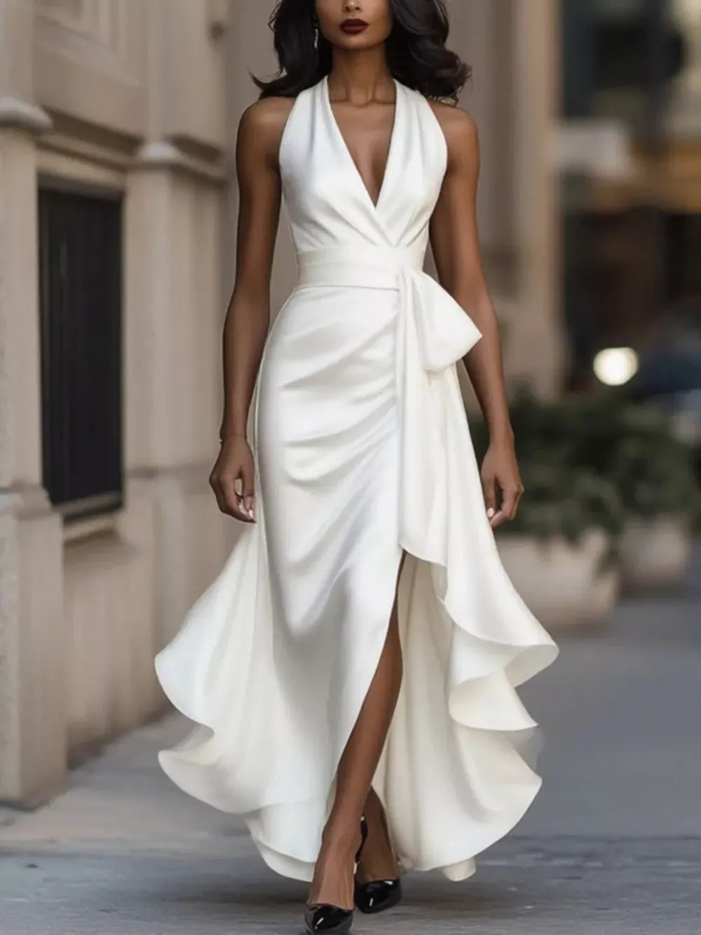 Full size plus size high-low ruffled satin maxi dress for women