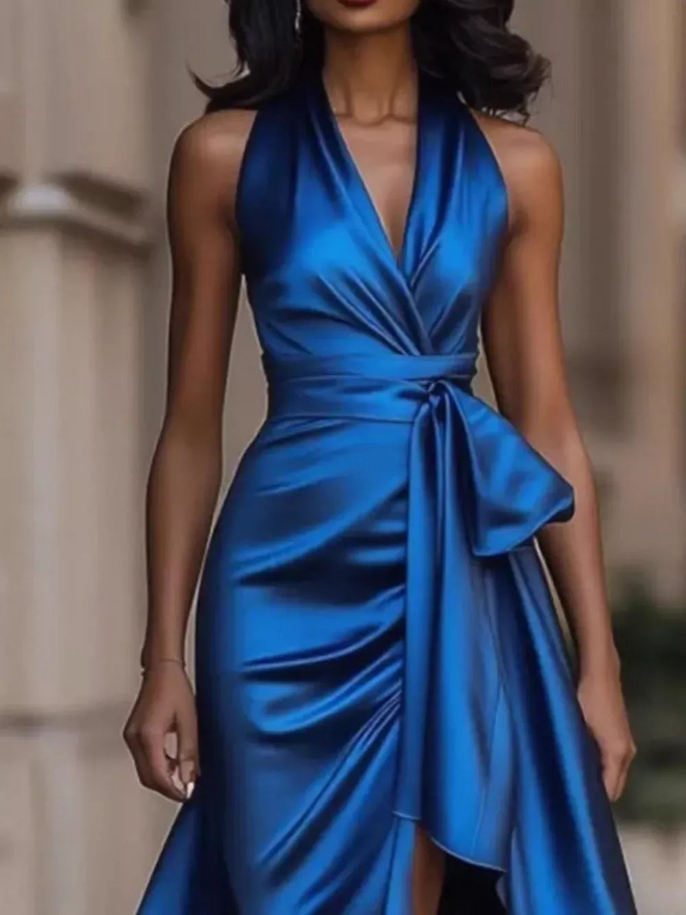 Full size plus size high-low ruffled satin maxi dress for women