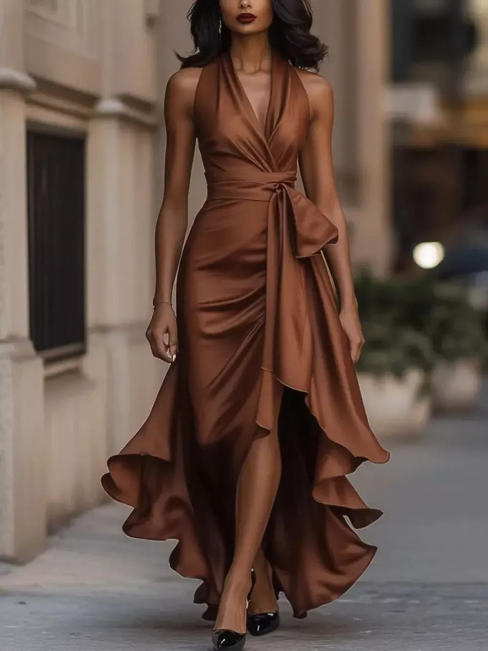 Full size plus size high-low ruffled satin maxi dress for women