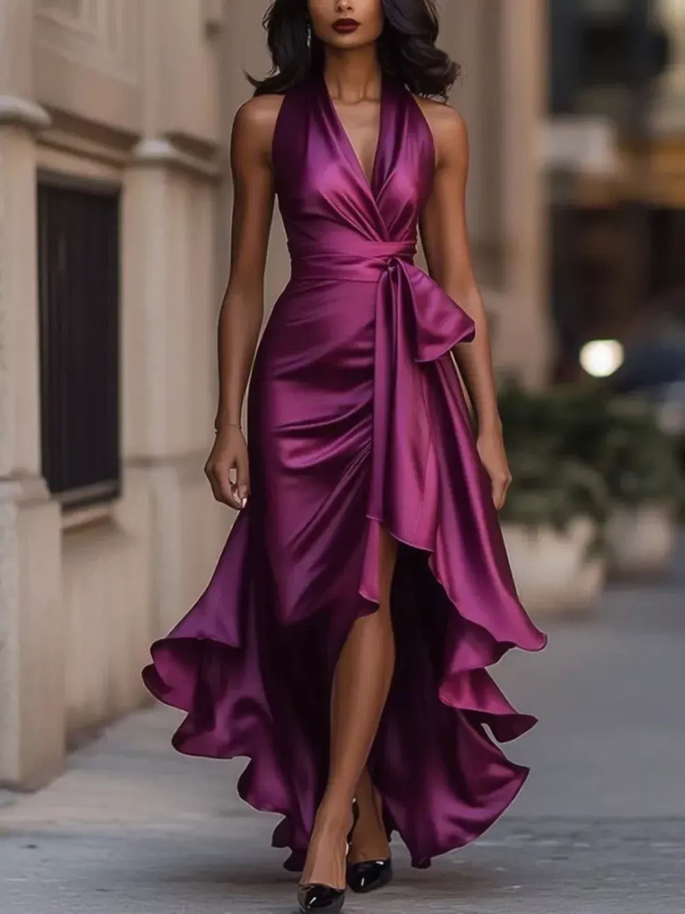 Full size plus size high-low ruffled satin maxi dress for women