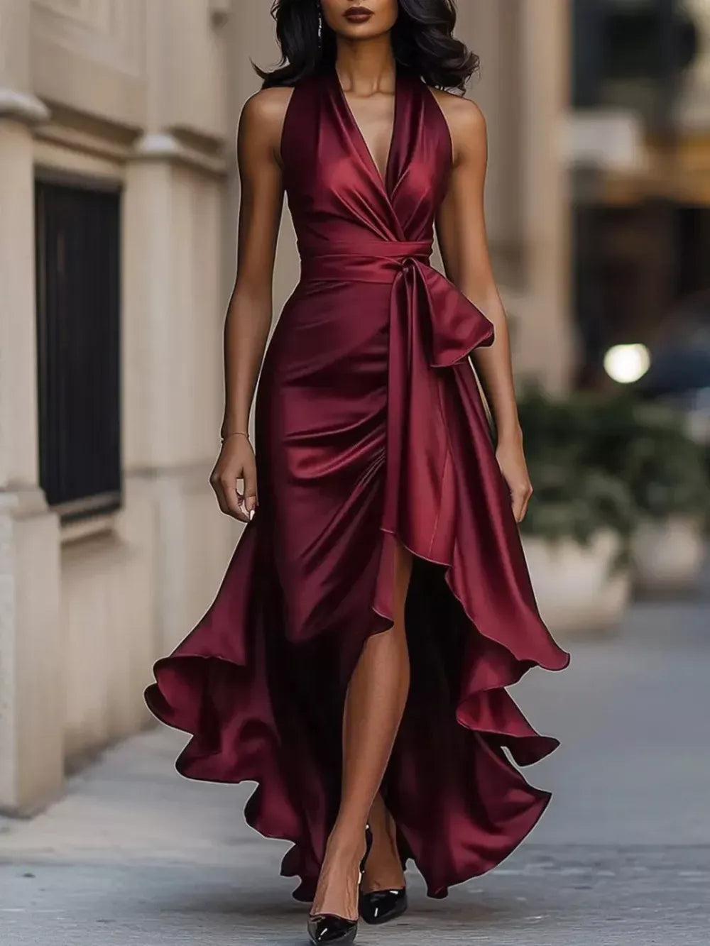 Full size plus size high-low ruffled satin maxi dress for women