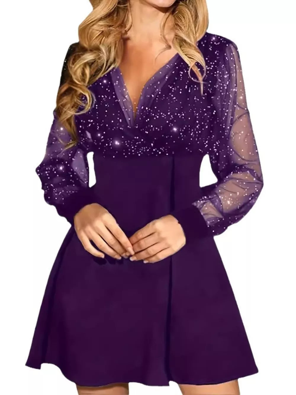 Glitter mesh long sleeve mini dress for women