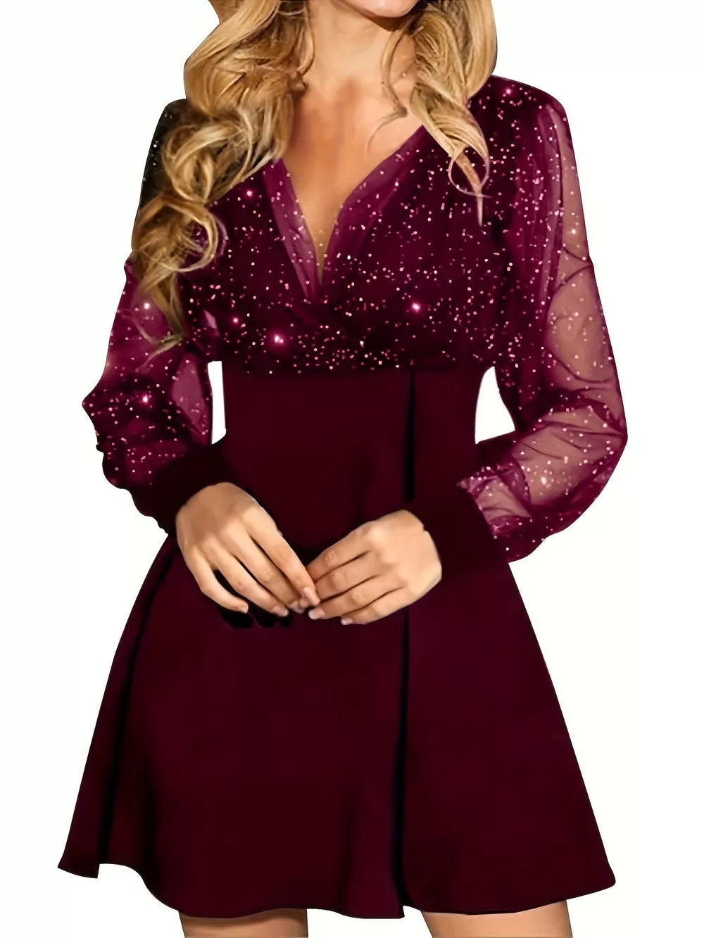 Glitter mesh long sleeve mini dress for women