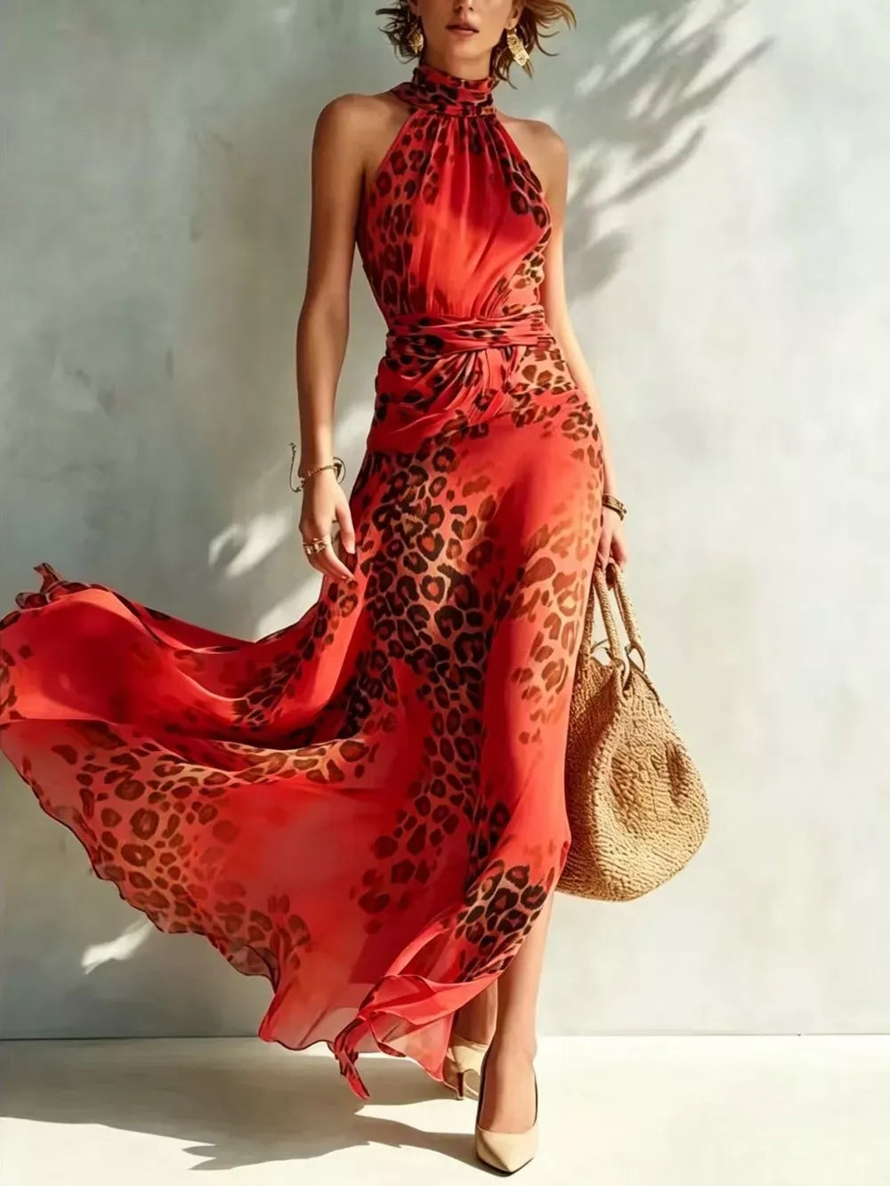 A woman models a flowing halter-neck maxi dress with a red and black leopard print pattern, paired with a woven straw handbag and beige heels, set against a textured light gray wall with soft shadows.