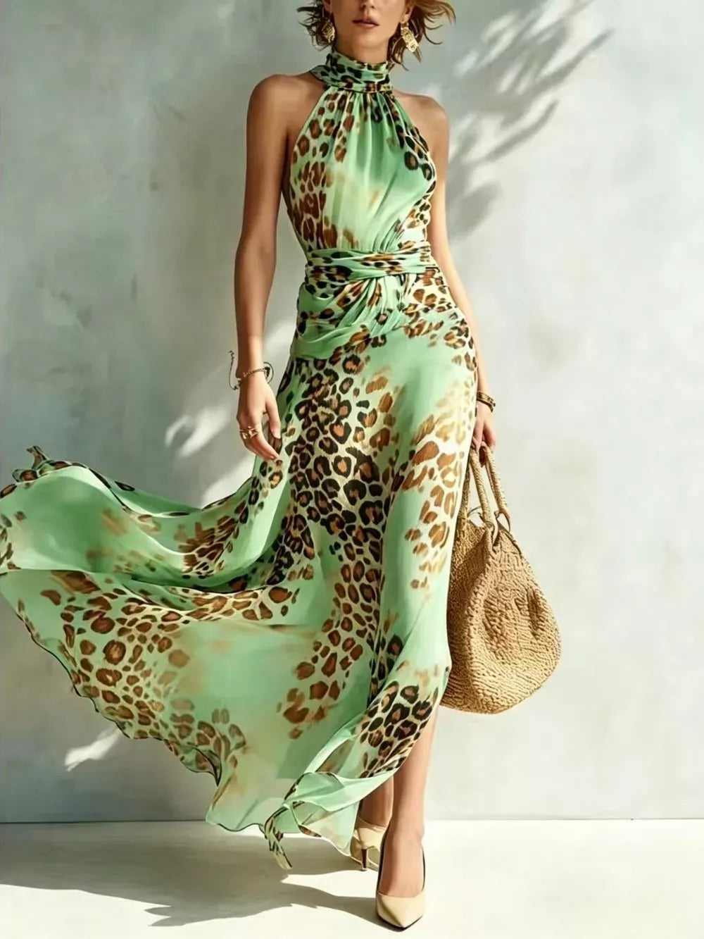 A woman models a flowing halter-neck maxi dress with a mint green and brown leopard print pattern, holding a woven straw bag against a textured light gray wall.