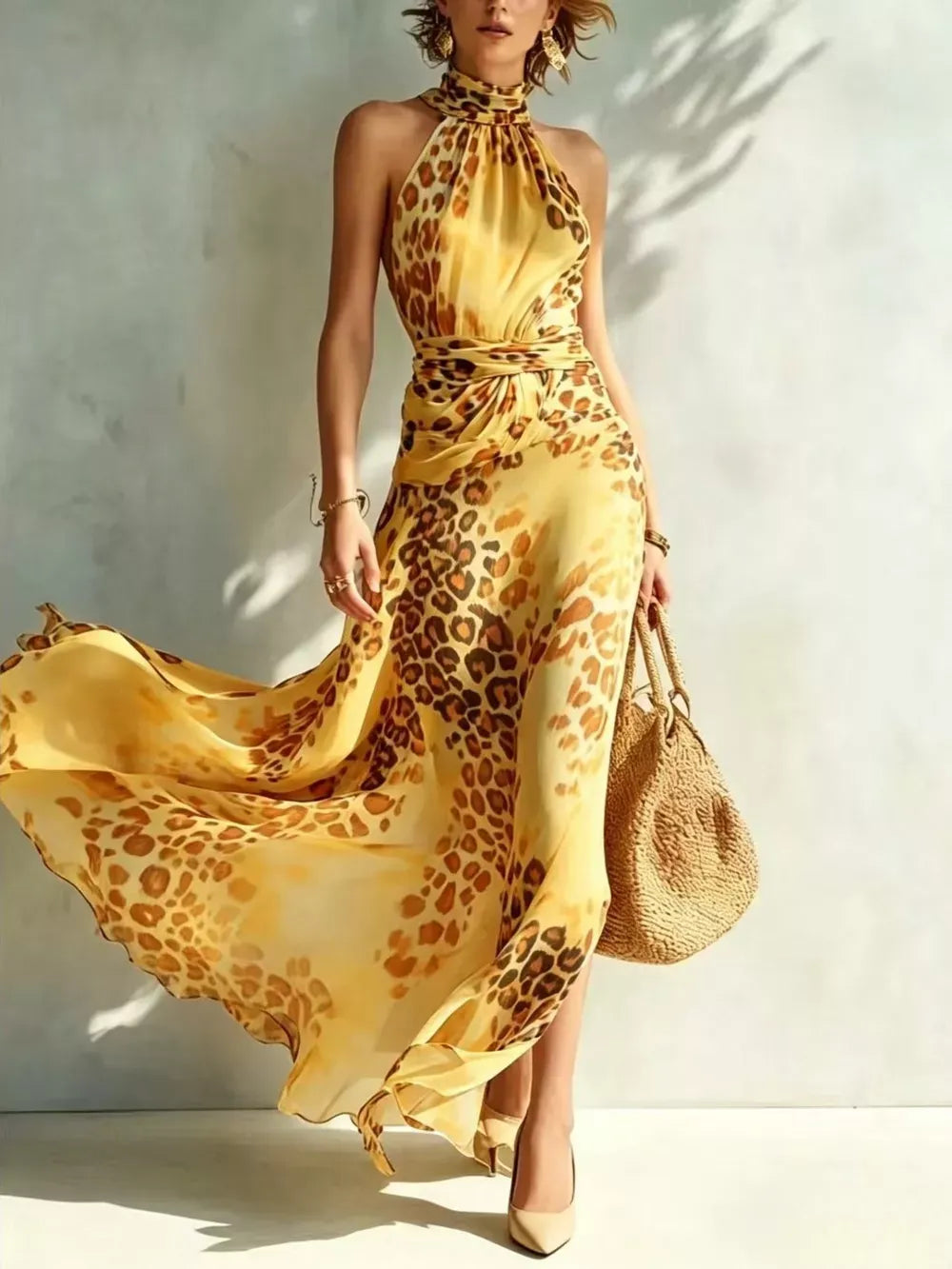 A woman models a flowing halter-neck maxi dress with a yellow and brown leopard print pattern, holding a woven straw bag against a textured light gray wall.