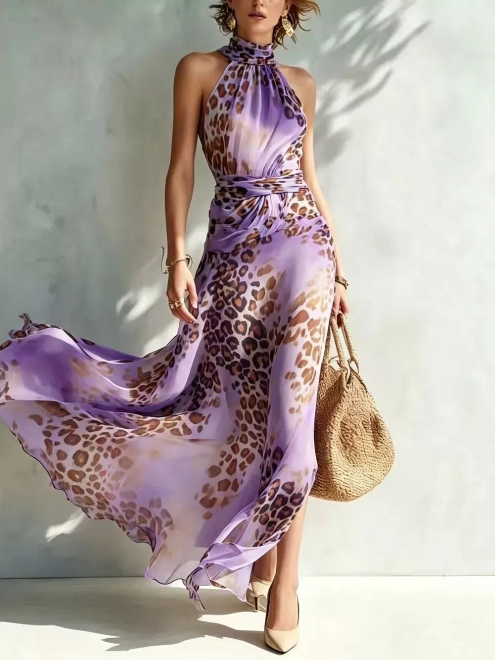 A woman models a sleeveless halter-neck maxi dress with a purple and brown leopard print pattern, captured in motion as the fabric flows around her. She is standing against a textured light gray wall with leaf shadows, holding a woven straw handbag.