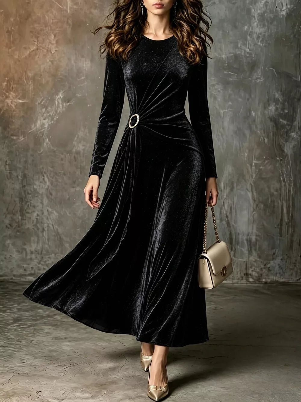 Plus size women's full size velvet long-sleeve maxi dress with ring detail