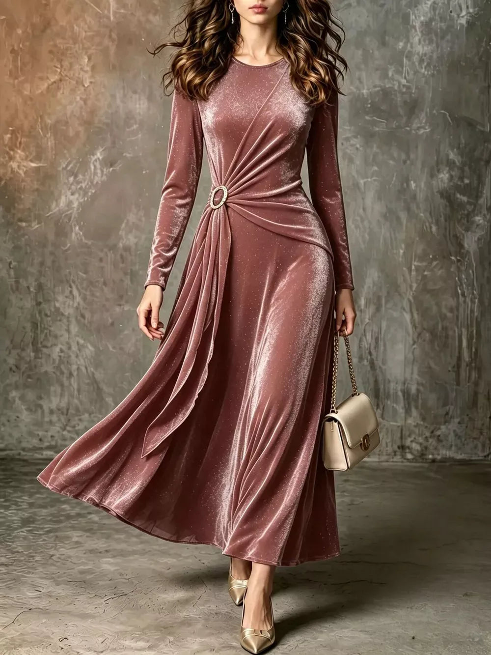Plus size women's full size velvet long-sleeve maxi dress with ring detail