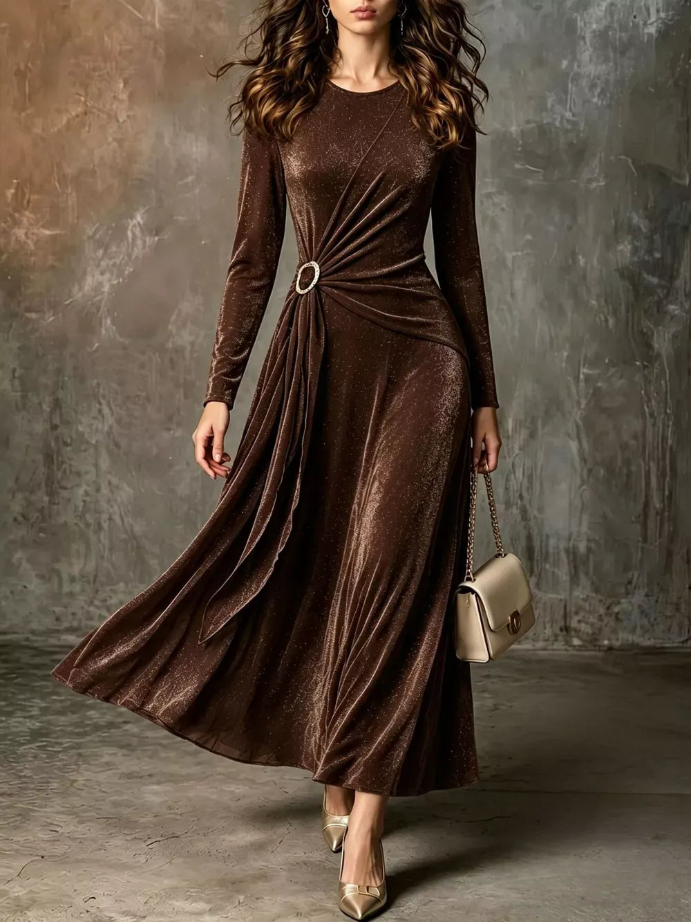 Plus size women's full size velvet long-sleeve maxi dress with ring detail
