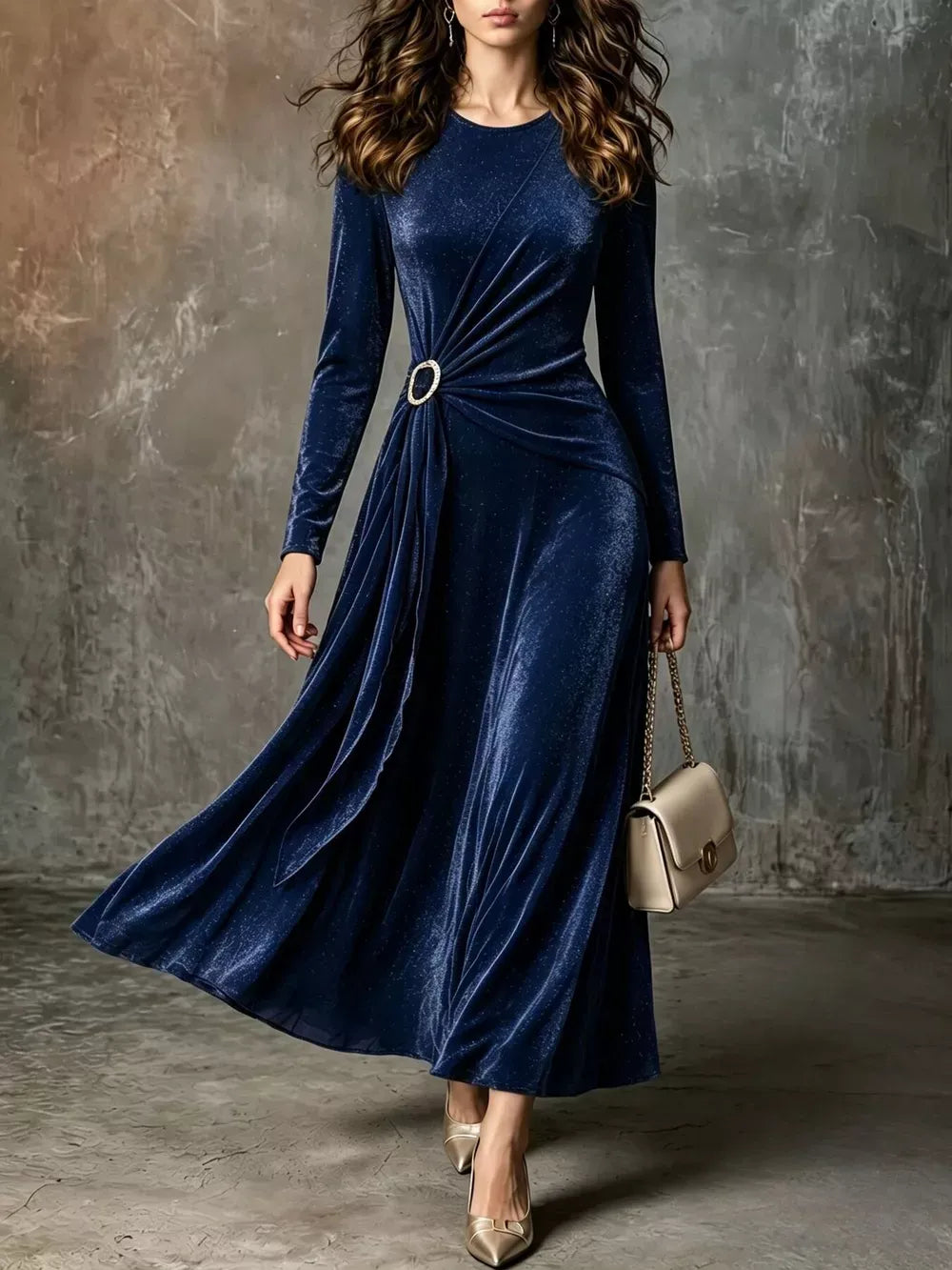 Plus size women's full size velvet long-sleeve maxi dress with ring detail