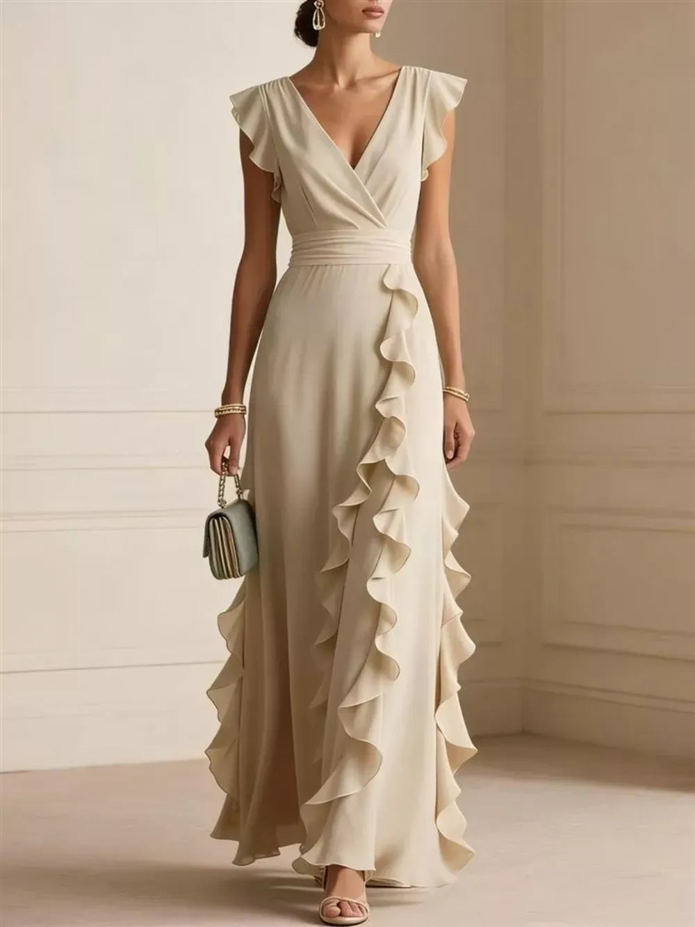 Women's ruffled surplice maxi dress with flowing elegant silhouette