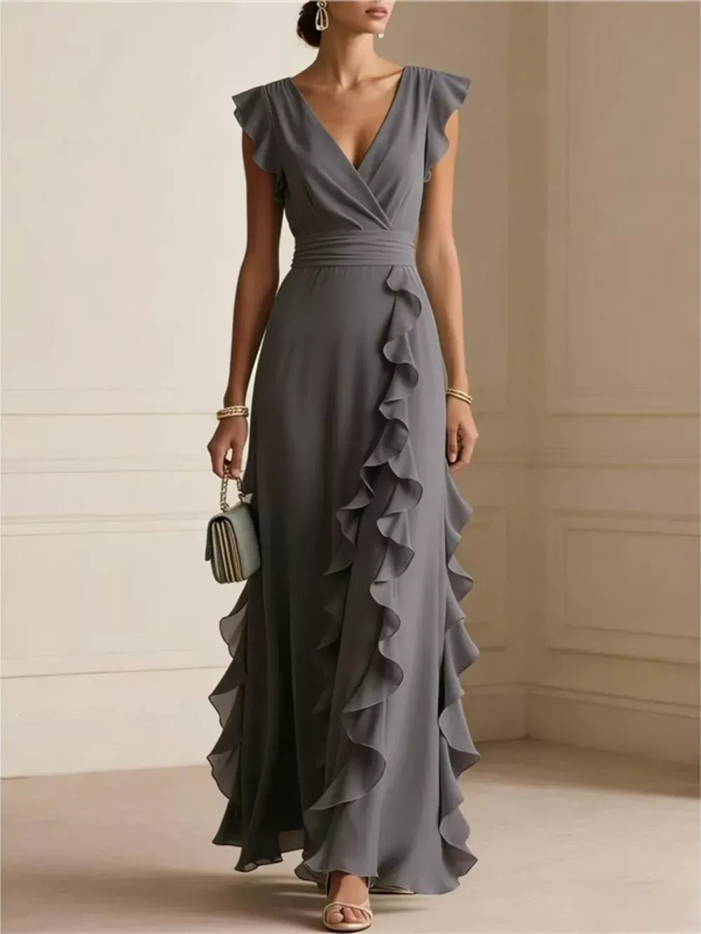 Women's ruffled surplice maxi dress with flowing elegant silhouette
