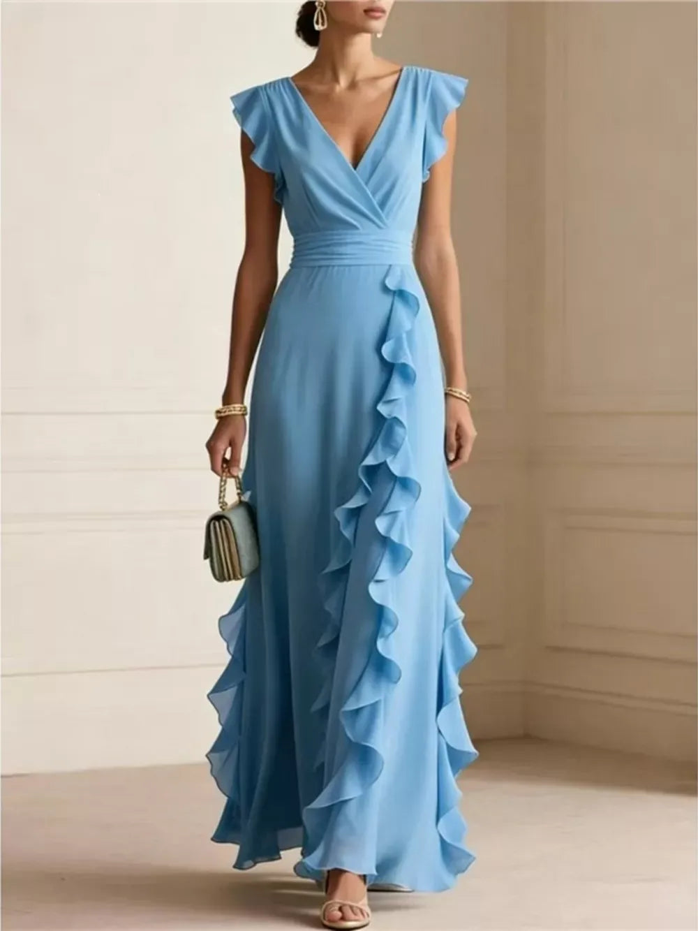 Women's ruffled surplice maxi dress with flowing elegant silhouette