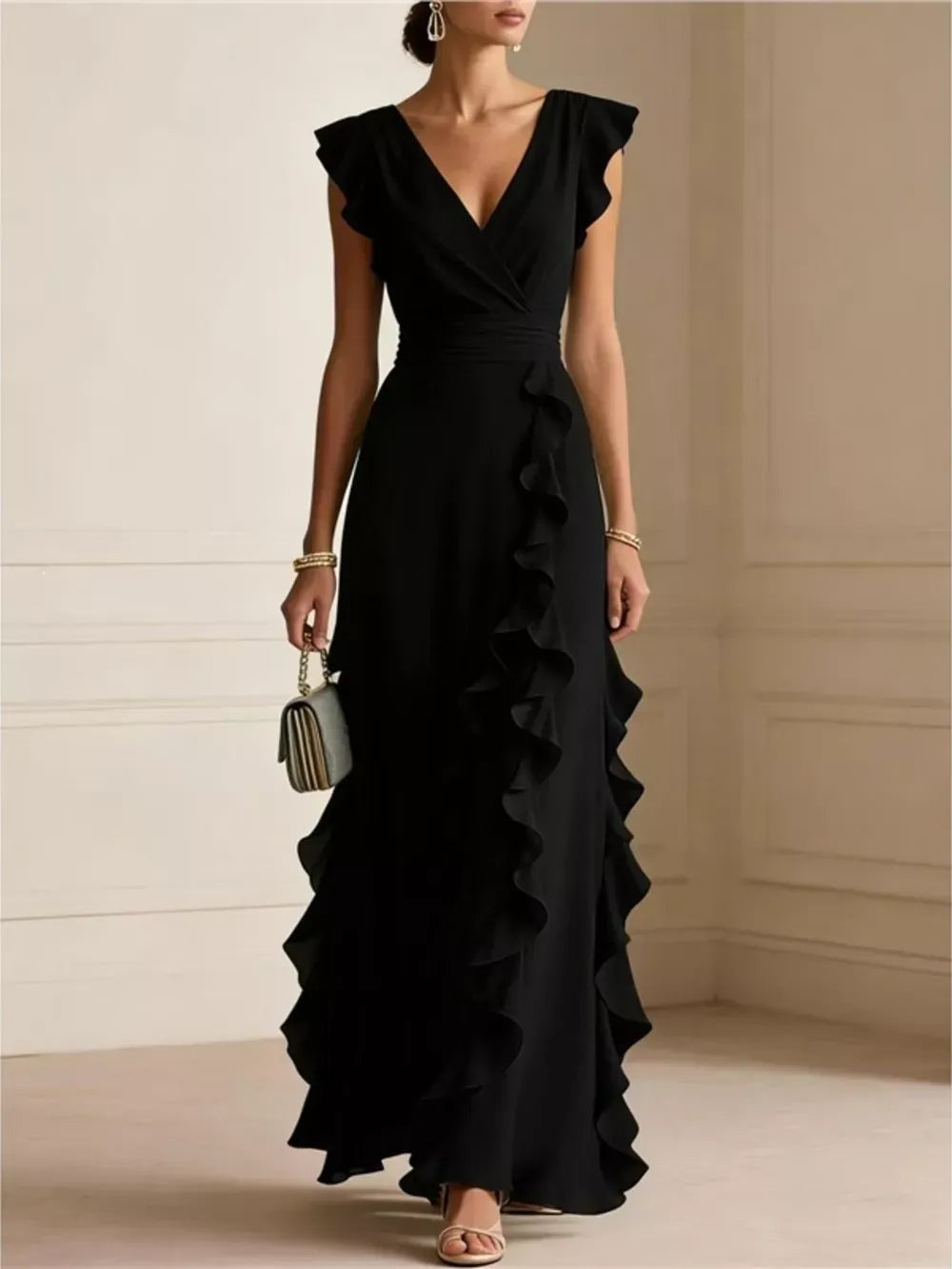 Women's ruffled surplice maxi dress with flowing elegant silhouette