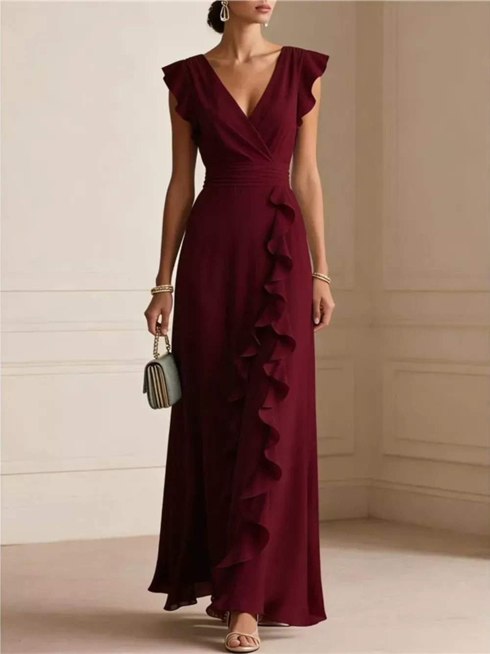 Women's ruffled surplice maxi dress with flowing elegant silhouette