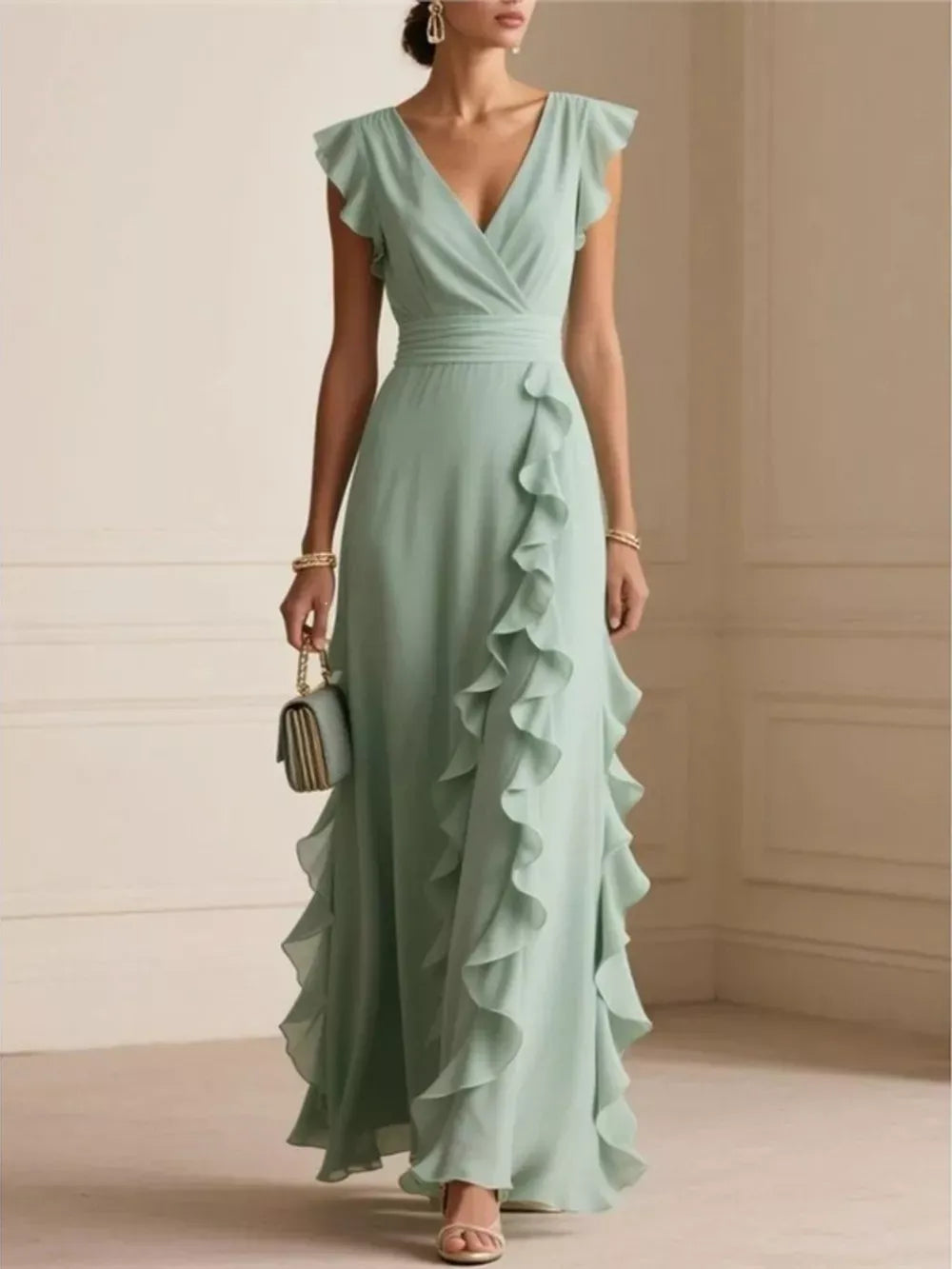 Women's ruffled surplice maxi dress with flowing elegant silhouette
