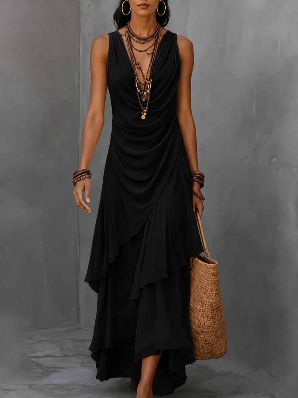 Women's sleeveless layered maxi dress with ruffle hem