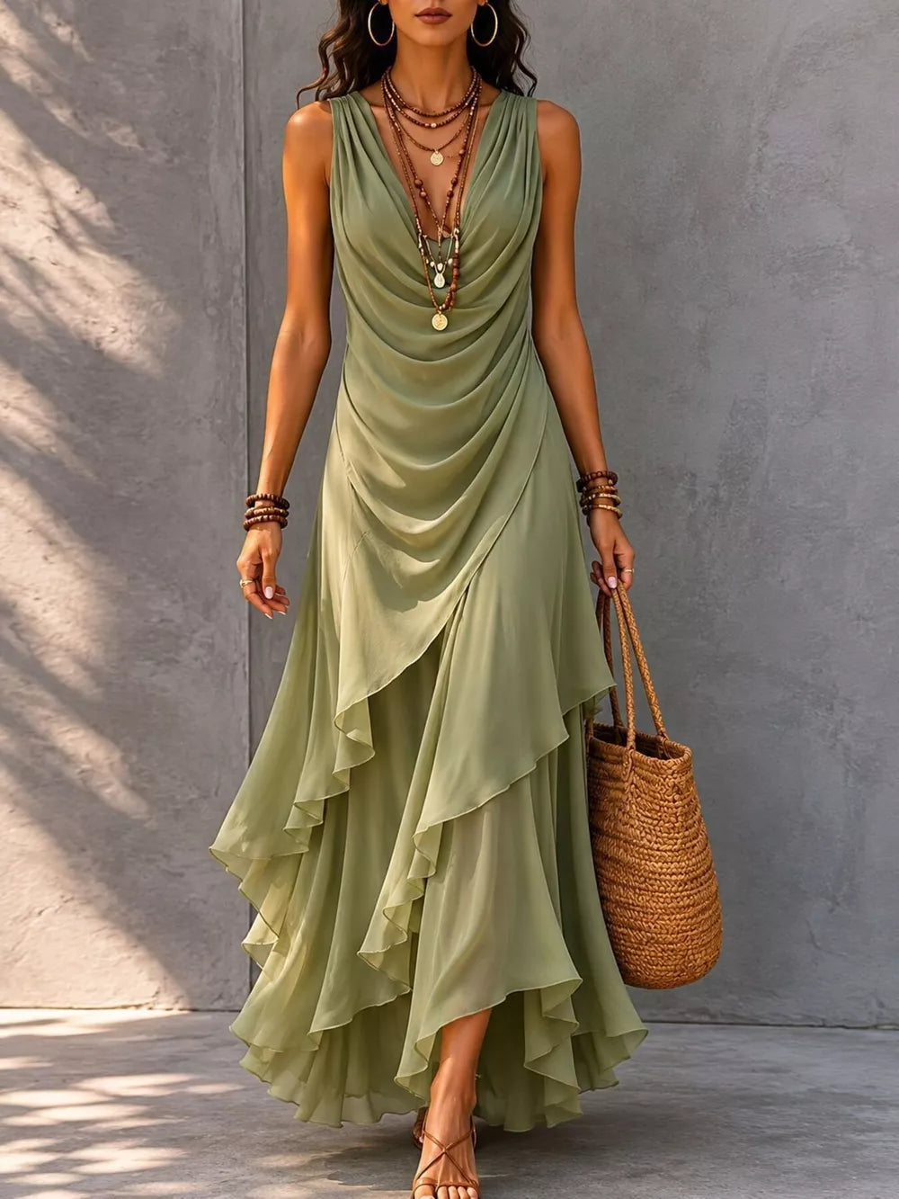 Women's sleeveless layered maxi dress with ruffle hem